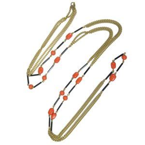 Goldtone Chain Necklace 58 In Multi Strand Orange Glass Bead Vintage Statement